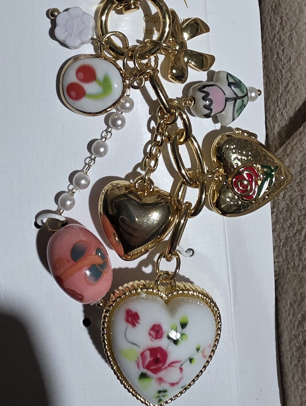 Piper K bag charm/key chain with glass pearls, floral & heart accents & Locket - Picture 5 of 6